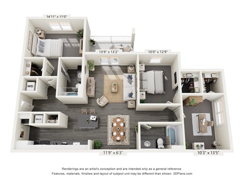 Floor plan for 3 beds, 2 baths, 1292 sqft